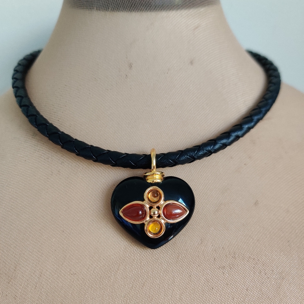 Banana Republic Heart Necklace w/Poured glass on braided leather cord